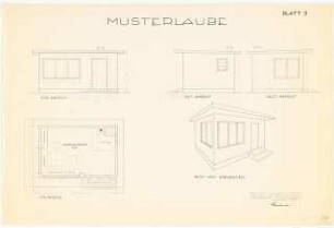 Musterlaube: Grundriss, Perspektivische Ansicht, Ansichten