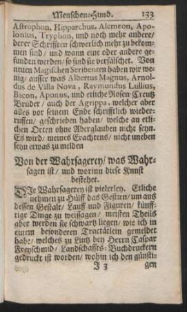 Von der Wahrsagerey/ was Wahrsagen ist / und worinn diese Knnst[!] bestehet
