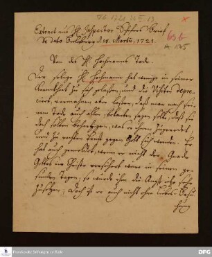 Auszug eines Briefs von Ludwig Christoph Schäfer an August Hermann Francke.