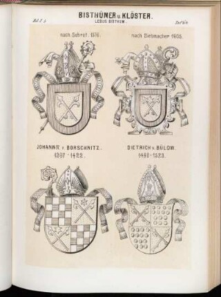 Taf. 64. Lebus Bisthum. nach Schrot. 1576. - nach Siebmacher 1605. - Johann IV. v. Borschnitz. 1397 - 1422. - Dietrich v. Bülow. 1490 - 1523.