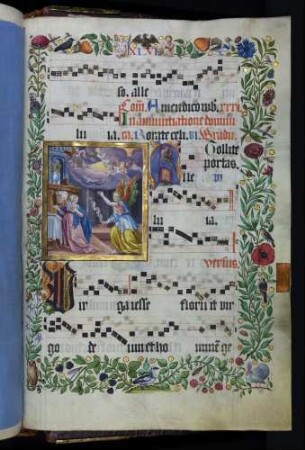 Zierseite mit Bordürenrahmen, Initiale: Alleluia Virga iesse), Miniatur: Mariä Verkündigung