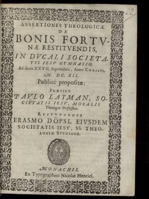 Assertiones theol. de bonis fortunae restituendis