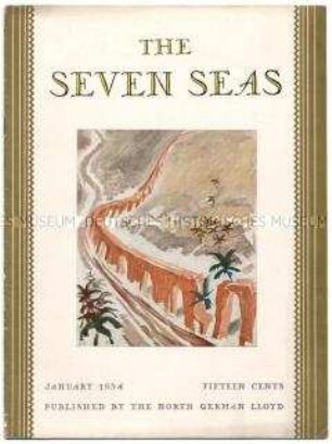 Monatszeitschrift des Norddeutschen Lloyd "The Seven Seas" u.a. mit Foto von Transatlantik-Passagieren der "Bremen"