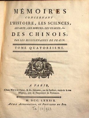 Mémoires concernant l'histoire, les Sciences, les Arts des Chinois, 14