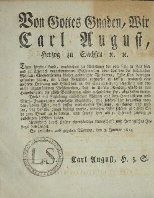 Von Gottes Gnaden, Wir Carl August, Herzog zu Sachsen etc. etc. ...