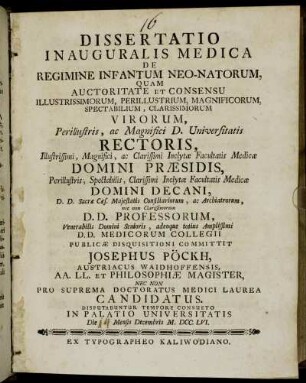 Dissertaio Inauguralis Medica De Regimine Infantum Neo-Natorum