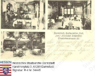 Darmstadt, Restaurant Fink (Inhaber: Hermann Schandert, Elisabethenstraße 23) / 2 Interieurs der Gaststube; Biergarten