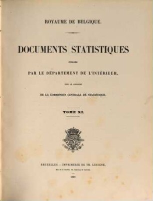 Documents statistiques : publ. par le Départment de l'Intérieur, Royaume de Belgique avec le concour de la Commission Centrale de Statistique. 11. 1867