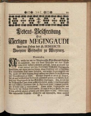 Lebens-Beschreibung Des Seeligen Megingaudi Aus dem Orden des H. Benedicti Zweyten Bischoffen zu Wirtzburg.