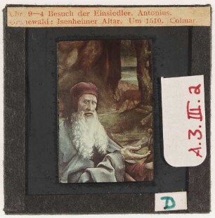Grünewald: Isenheimer Altar, Besuch der Einsiedler, Detail: Antonius (Erste Farb-Kleinbilddias am Seminar, 1943 angekauft)