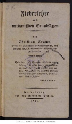 Fieberlehre nach mechanischen Grundsäzzen