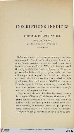 Sér. 3: Inscriptions inédites de la province de Constantine