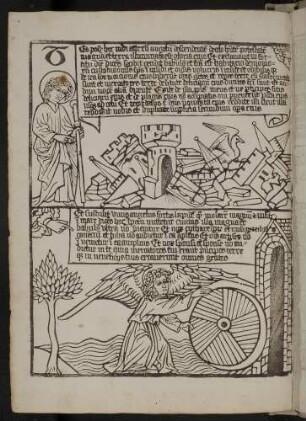 (1) Johannes die Zerstörung Babylons verkündet (Apc. VXIII, 1-6); (2) Der Engel mit dem Mühlstein (XVIII, 21-23).