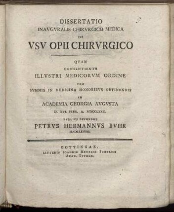 Dissertatio Inauguralis Chirurgico Medica De Usu Opii Chirurgico