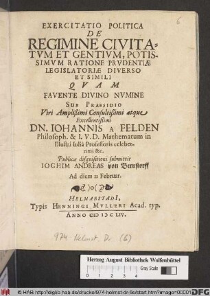 Exercitatio Politica De Regimine Civitatum Et Gentium, Potissimum Ratione Prudentiae Legislatoriae Diverso Et Simili