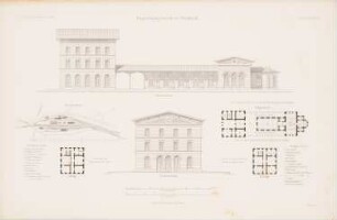 Empfangsgebäude, Gladbach: Lageplan, Grundriss EG, 1.OG, 2.OG, Vorderansicht, Seitenansicht (aus: Atlas zur Zeitschrift für Bauwesen, hrsg. v. G. Erbkam, Jg. 12, 1862)