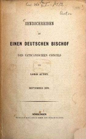 Sendschreiben an einen deutschen Bischof des Vaticanischen Concils : September 1870