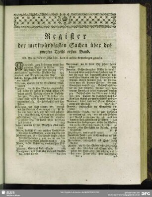 Register der merkwürdigsten Sachen über des zweyten Theils ersten Band