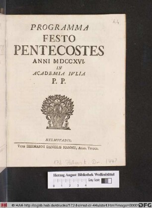 Programma Festo Pentecostes Anni MDCCXVI. In Academia Ivlia P. P.
