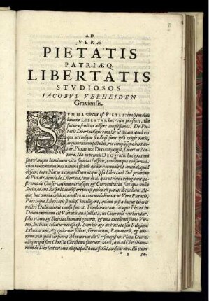 Ad veræ pietatis patriæ Q. Libertatis stvdiosos Iacobvs Verheiden