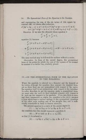 IV. - On the symmetrical from of the equation to the parabola.