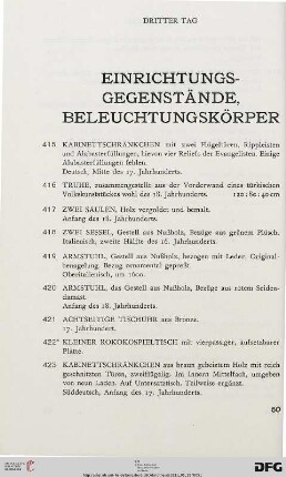 Einrichtungsgegenstände, Beleuchtungskörper (Nr. 415-437)