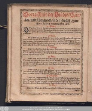 Vorzeichnis der Städte/ Länder/ und Königreich/ so den Zwölff Himlischen Zeichen unterworffen seind.