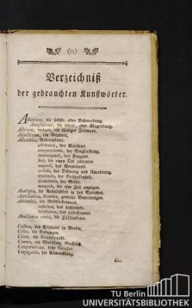 Verzeichniß der gebrauchten Kunstwörter.