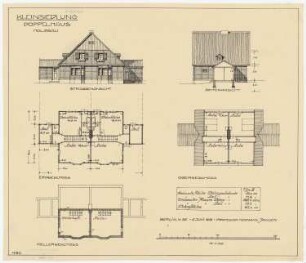 Musterhäuser für Kleinsiedlungen: Doppelhaus Holzbau mit Vorderansicht und Seitenansicht, Grundrisse von Kellergeschoss, Erdgeschoss und Obergeschoss 1:100