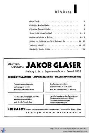 Abteilung I. Eilige Anrufe, städtische Fernsprechstellen, Feuermeldestellen, Winke für die Einwohnerschaft, Sehenswürdigkeiten, Zeittafel der Stadt Freiburg i.Br., Freiburger Statistik, Adreßbücher fremder Städte.