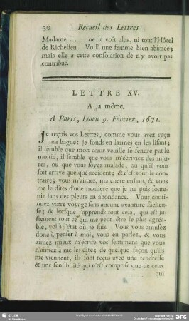 Lettre XV. A la même. A Paris, Lundi 9. Février, 1671