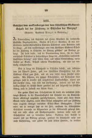 XIII. Gebührt dem mecklenburger vor dem schlesischen Elektoral-Schafe bei der Züchtung in Schlesien der Vorzug?