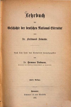 Lehrbuch der Geschichte der deutschen National-Literatur von Ferdinand Seinecke : Nach dem Tode des Verfassers herausgegeben von Hermann Dieckmann