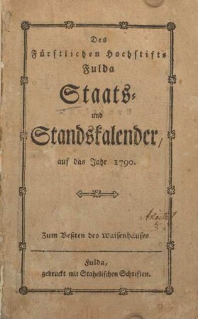 1790: Des Fürstlichen Hochstifts Fulda Staats- und Standskalender