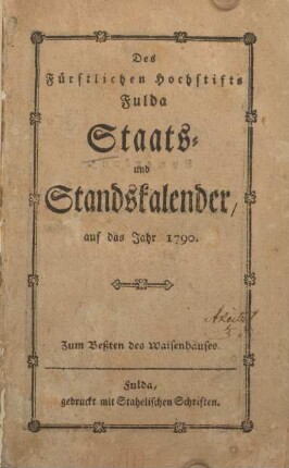 1790: Des Fürstlichen Hochstifts Fulda Staats- und Standskalender