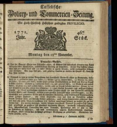 46tes Stueck, Montag den 18ten November 1771