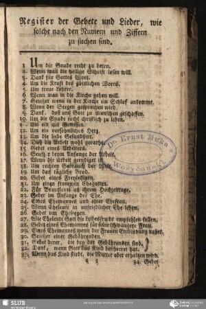 Register der Gebete und Lieder, wie solche nach den Numern und Ziffern zu suchen sind