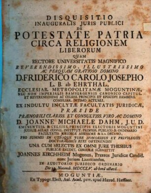 Disquisitio Inauguralis Juris Publici De Potestate Patria Circa Religionem Liberorum