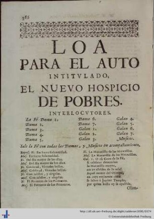 Loa para el Auto El Nuevo Hospicio de Pobres.