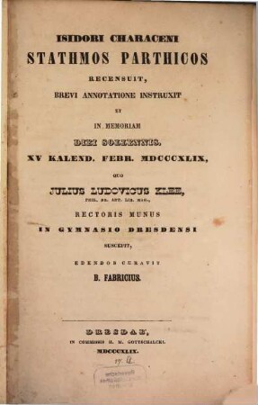 Stathmi Parthici. Recensuit et brevi annotatione instruxit B. Fabricius