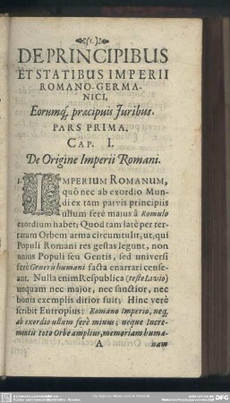 Pars Prima. Eorumq[ue] praecipuis Iuribus