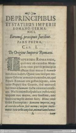 Pars Prima. Eorumq[ue] praecipuis Iuribus