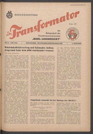 TRO-Betriebszeitung 'Der Transformator'; Nr. 12/1952 (Juni 1952)
