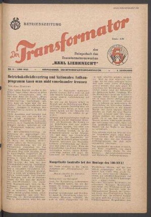 TRO-Betriebszeitung 'Der Transformator'; Nr. 12/1952 (Juni 1952)