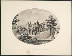 Hauptsäle des königl. Jagdschlosses Moritzburg. Gezeichnet von Paul Schulze. Dresden, 1897. Album mit Drucken nach Zeichnungen, Blatt I, Äußere Ansicht des Königl. Jagdschlosses (im Oval), 36,3 x 28,0 cm (Blattformat).Dresden: SLUB Hist.Sax.H.70.m