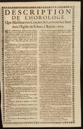 Description De L´Horologe Que Messieurs les Comtes de Lyon ont fait faire dans l´Eglise de S. Jean, l´ Annee 1660.