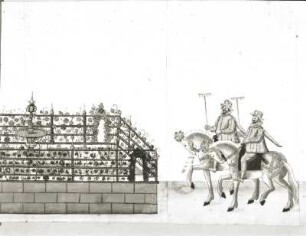 Aufzug mit Inventionen unter Herzog Augustus von Sachsen : Aufzug mit Inventionen unter Herzog Augustus von Sachsen. Ausschnitt: Die sechste Invention mit dem Lustgarten. Feder, Pinsel, Tusche, Wasserfarben; 296 x 307 mm (Bildgröße). 1613. Dresden: Hauptstaatsarchiv D:103/84
