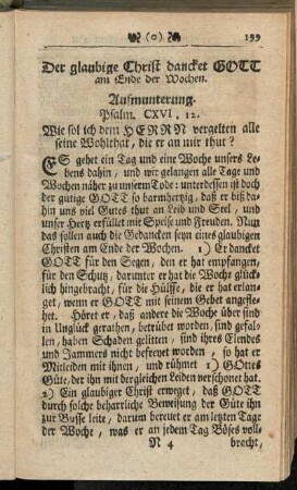 Der glaubige Christ dancket Gott am Ende der Wochen.