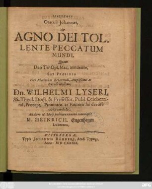 Diaskepsis Oraculi Johannaei, de Agno Dei Tollente Peccatum Mundi