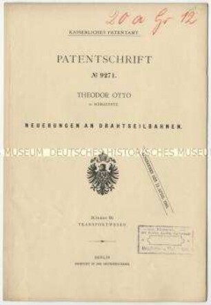 Patentschrift einer Neuerung an Drahtseilbahnen, Patent-Nr. 9271